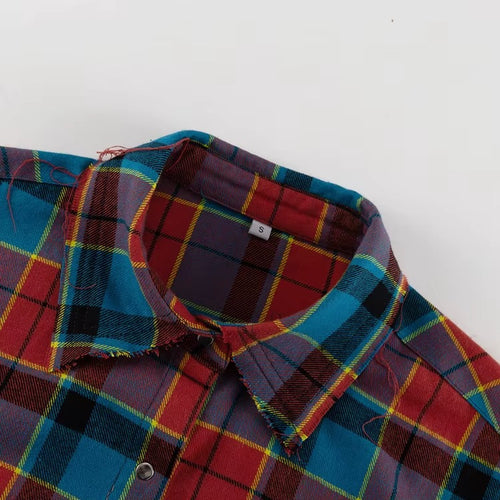 Plaid Women Loose Fit Button Down Red Blue Long Sleeve Casual Blouse Turn Down Collar Jacket Casual Work Tops Shirts