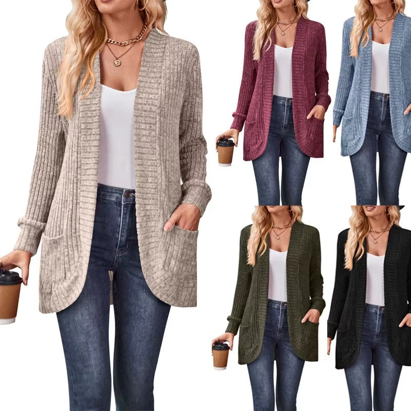 Cotton Solid Color Knitted Ribbed Hooded Cardigan Coat for Women with Batwing Sleeves and Long Length