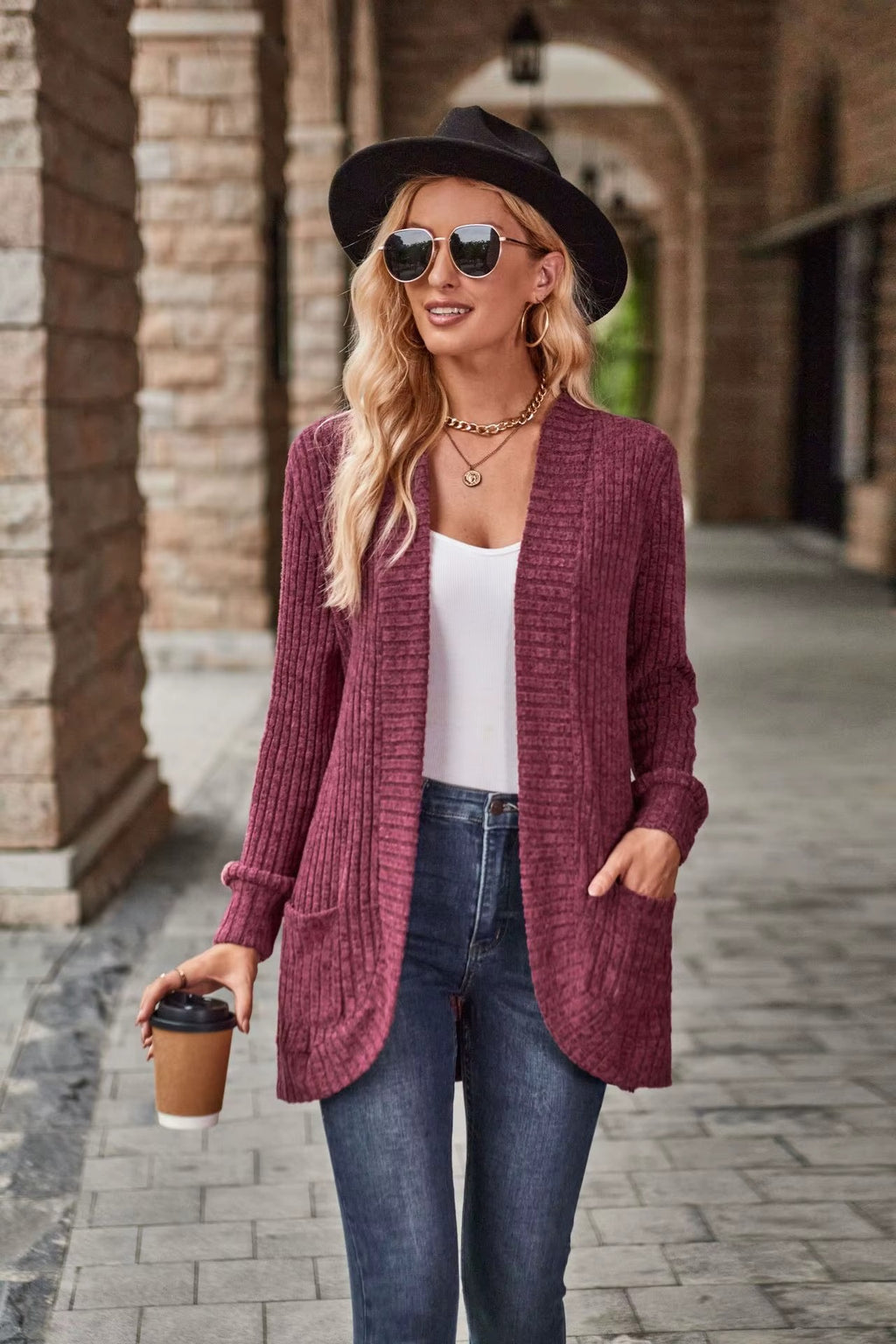Cotton Solid Color Knitted Ribbed Hooded Cardigan Coat for Women with Batwing Sleeves and Long Length