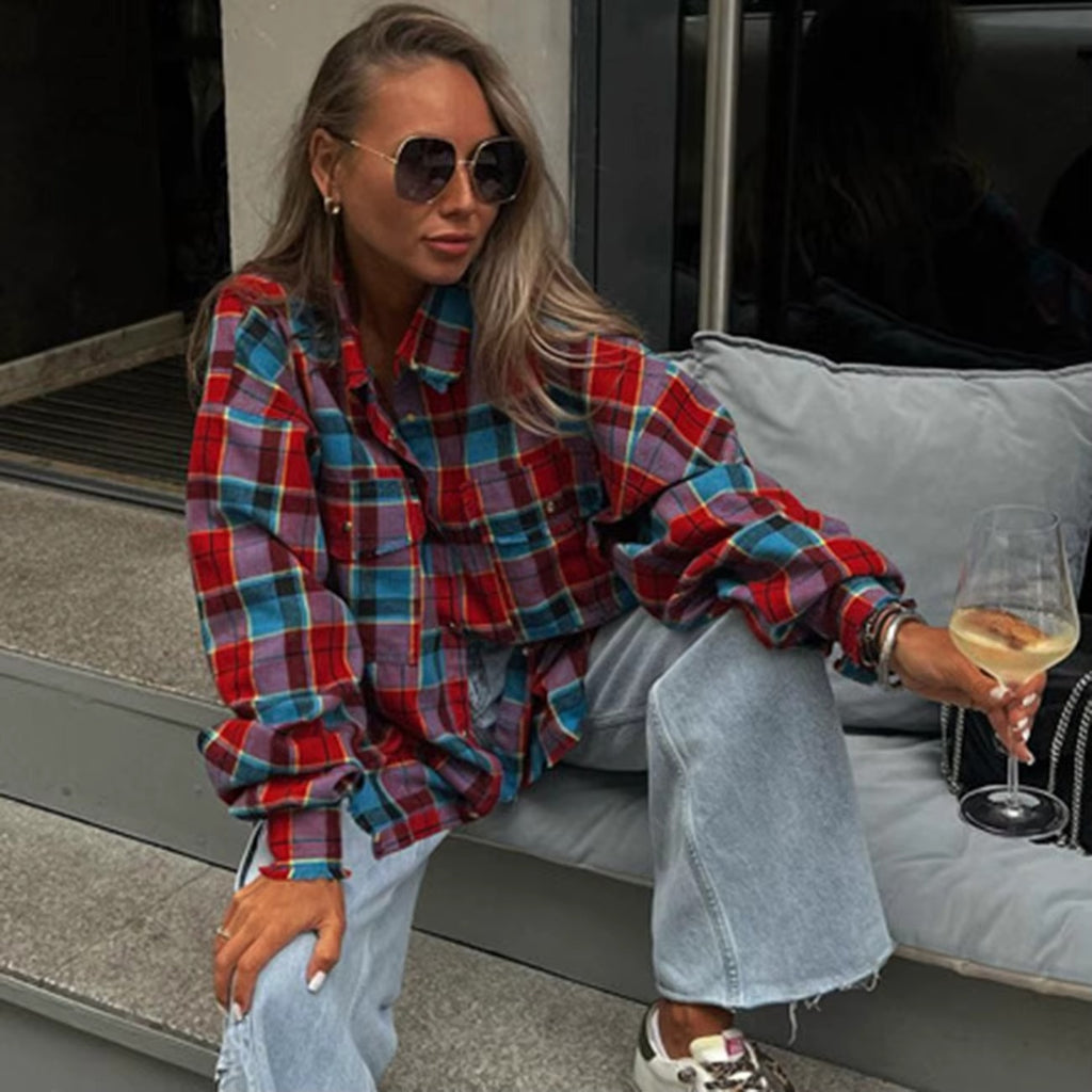 Plaid Women Loose Fit Button Down Red Blue Long Sleeve Casual Blouse Turn Down Collar Jacket Casual Work Tops Shirts