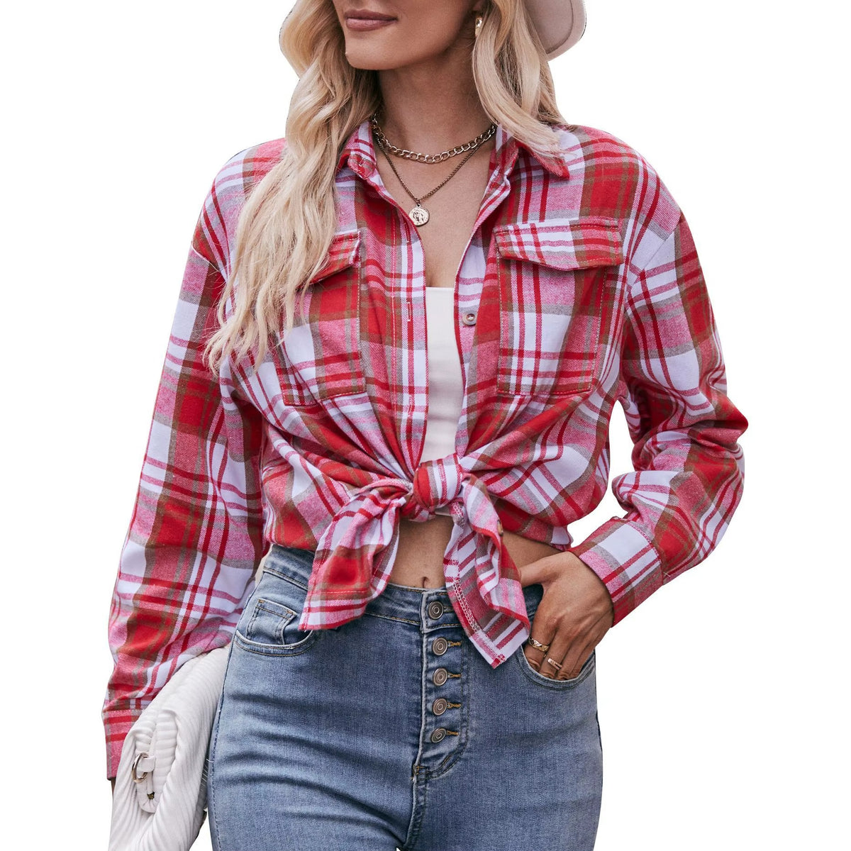 Spring Autumn Knitted Shirt High Quality Long Sleeve Plaid Casual Tops with Button Turn-Down Collar