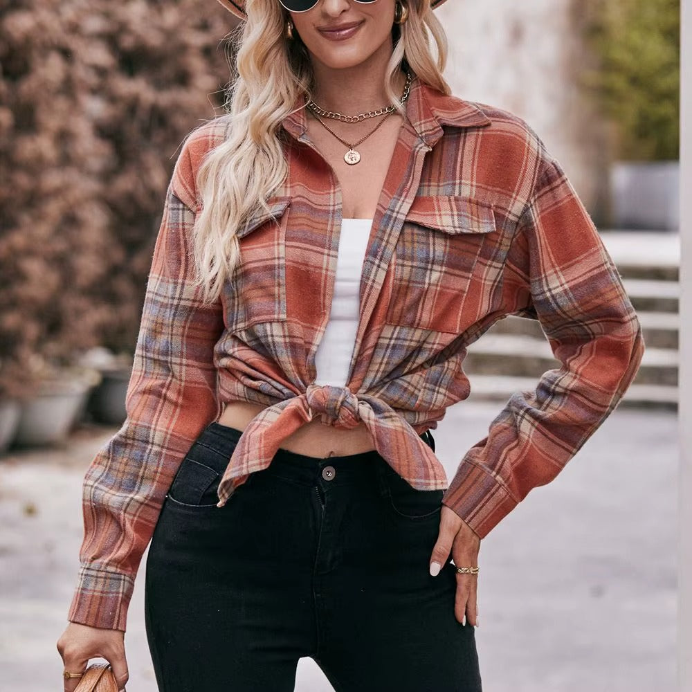 Spring Autumn Knitted Shirt High Quality Long Sleeve Plaid Casual Tops with Button Turn-Down Collar