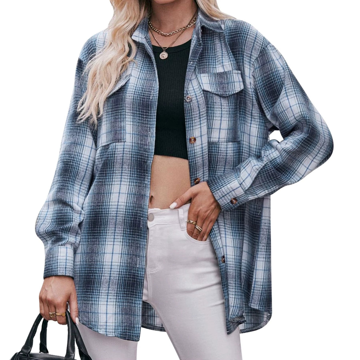 Spring Autumn Knitted Shirt High Quality Long Sleeve Plaid Casual Tops with Button Turn-Down Collar