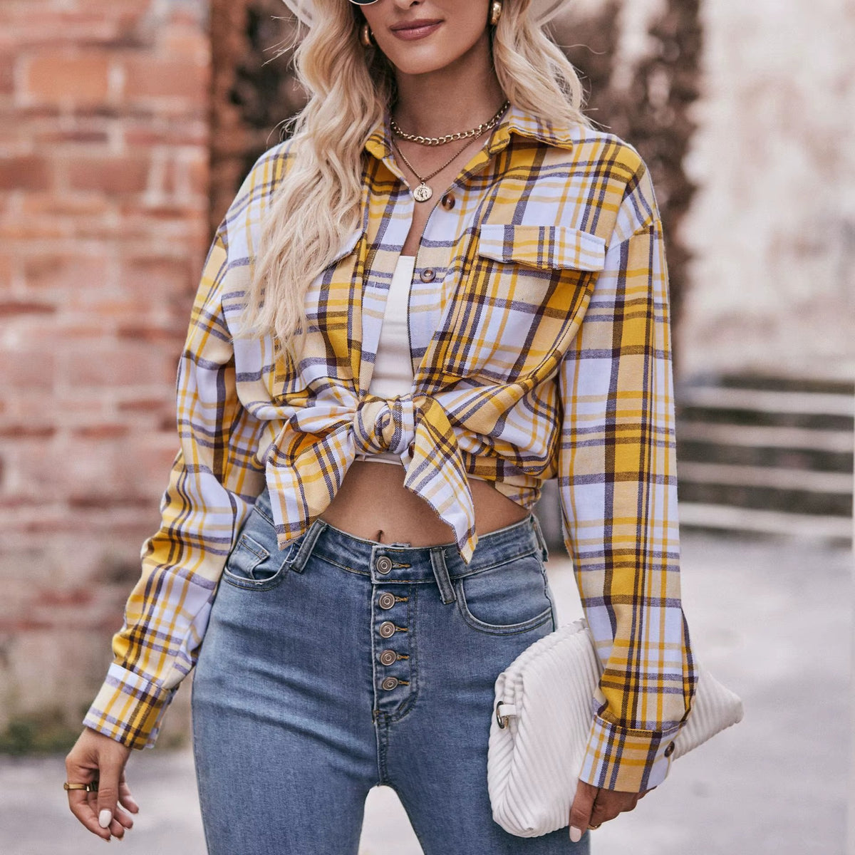 Spring Autumn Knitted Shirt High Quality Long Sleeve Plaid Casual Tops with Button Turn-Down Collar