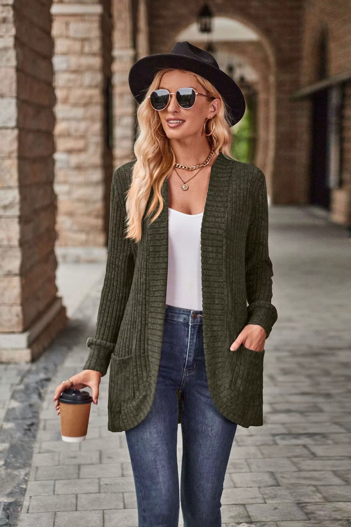 Cotton Solid Color Knitted Ribbed Hooded Cardigan Coat for Women with Batwing Sleeves and Long Length