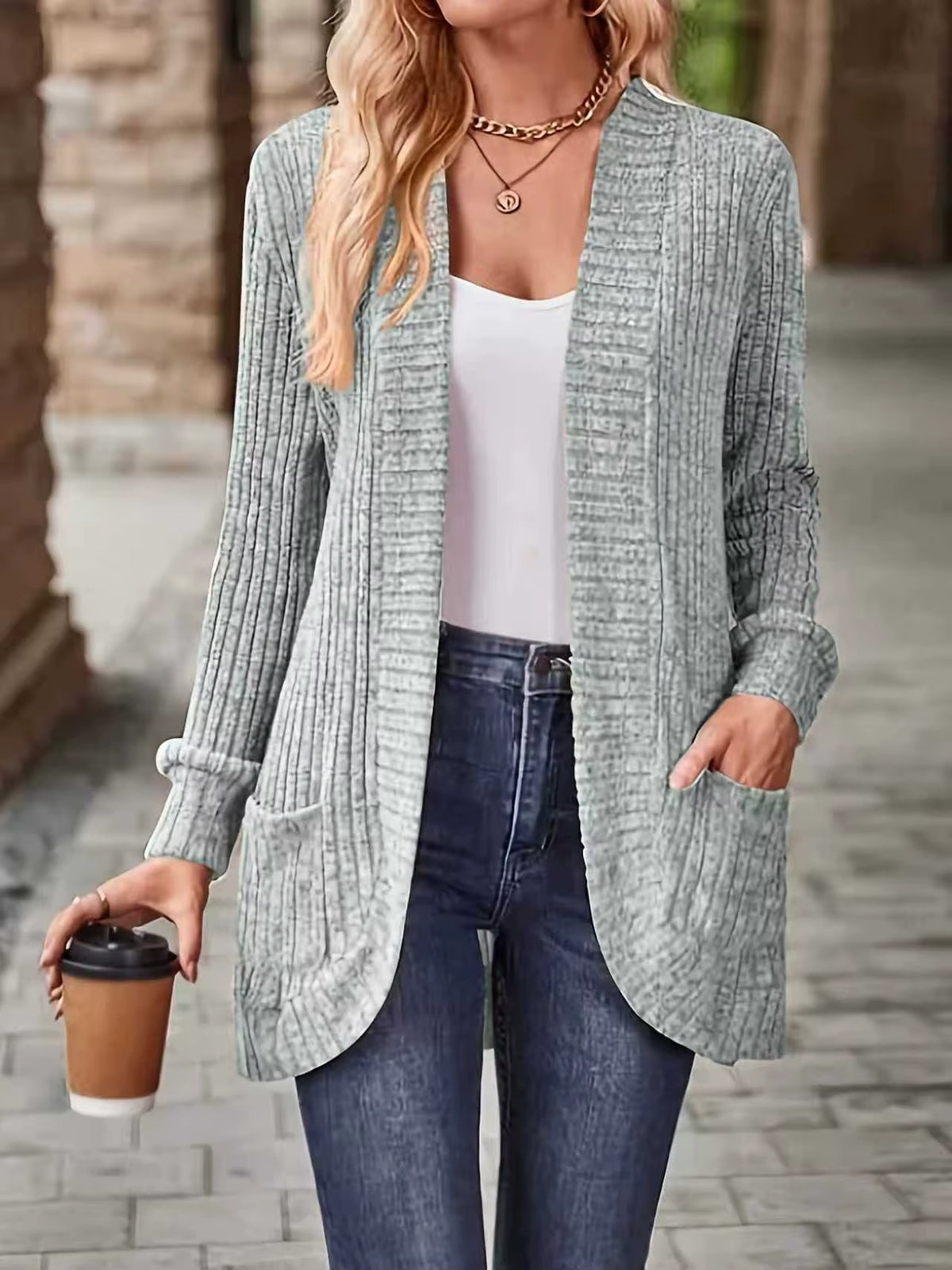 Cotton Solid Color Knitted Ribbed Hooded Cardigan Coat for Women with Batwing Sleeves and Long Length