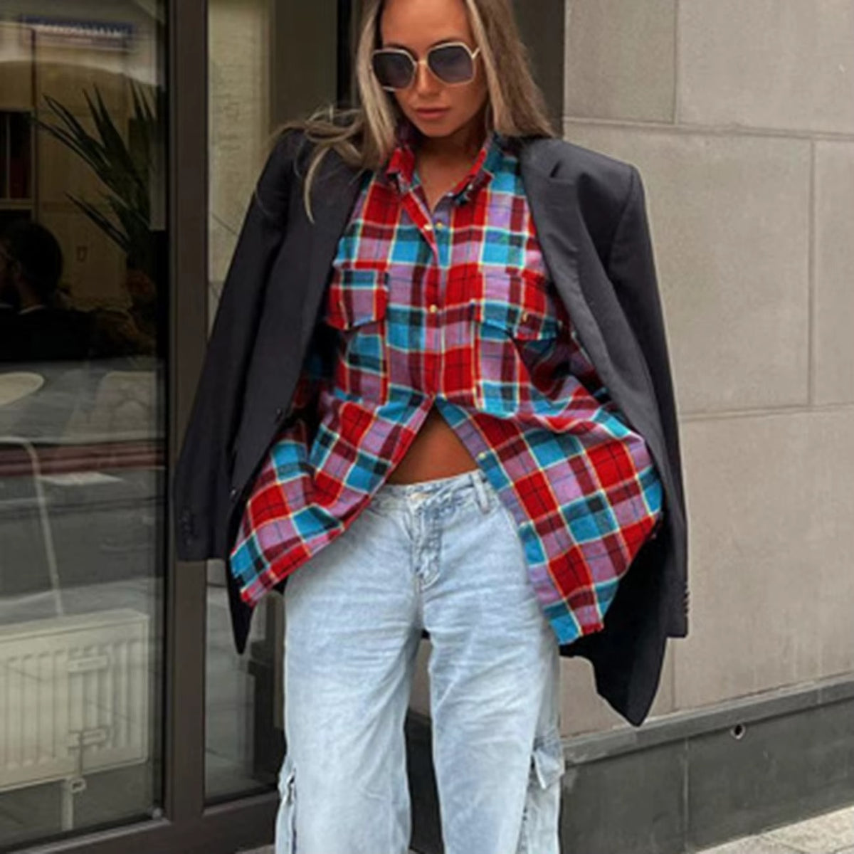 Plaid Women Loose Fit Button Down Red Blue Long Sleeve Casual Blouse Turn Down Collar Jacket Casual Work Tops Shirts