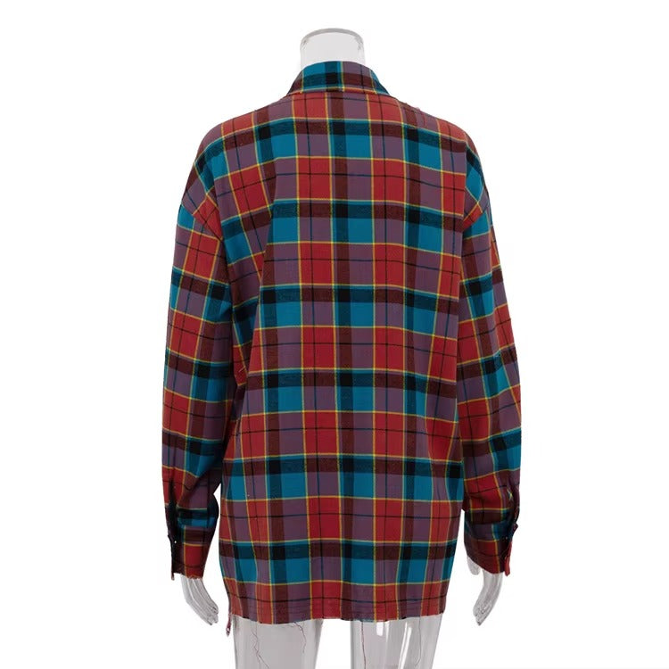 Plaid Women Loose Fit Button Down Red Blue Long Sleeve Casual Blouse Turn Down Collar Jacket Casual Work Tops Shirts
