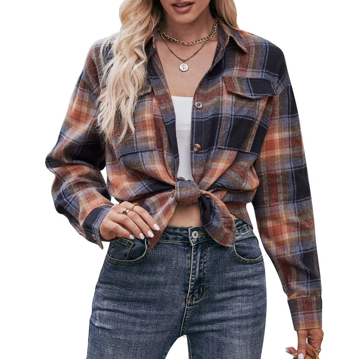 Spring Autumn Knitted Shirt High Quality Long Sleeve Plaid Casual Tops with Button Turn-Down Collar