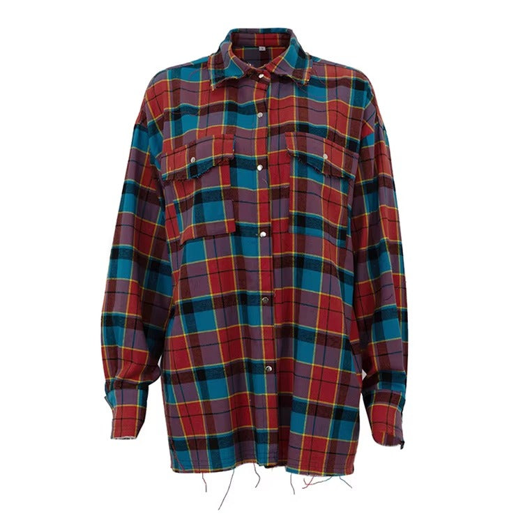 Plaid Women Loose Fit Button Down Red Blue Long Sleeve Casual Blouse Turn Down Collar Jacket Casual Work Tops Shirts